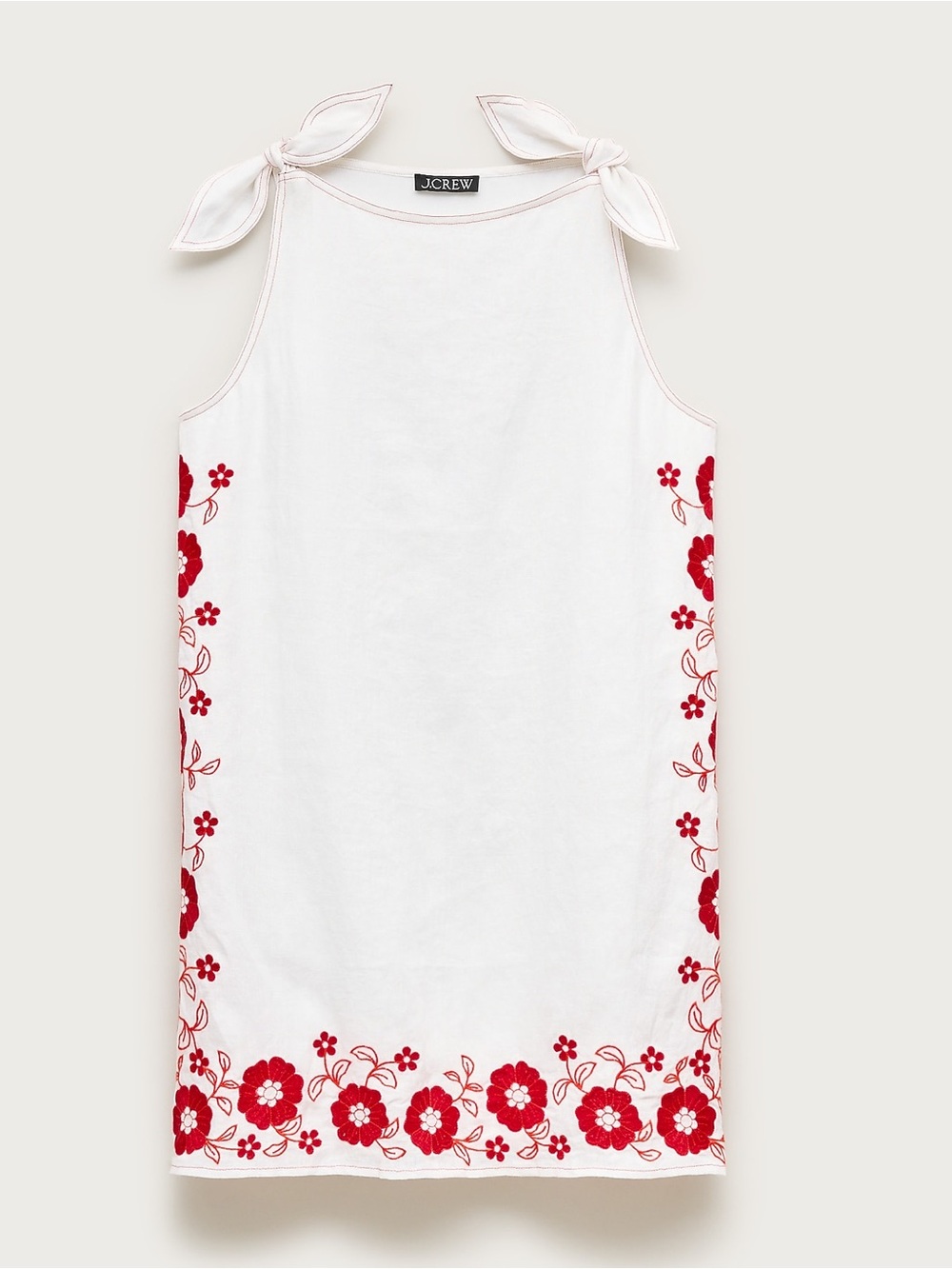J. Crew Sadie Linen Embroidered Red Floral Sleeveless Tie Strap Dress